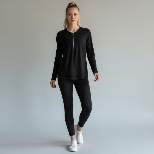 Stella McCartney black long-sleeve zip-top with silver ring pull detail, size 38.