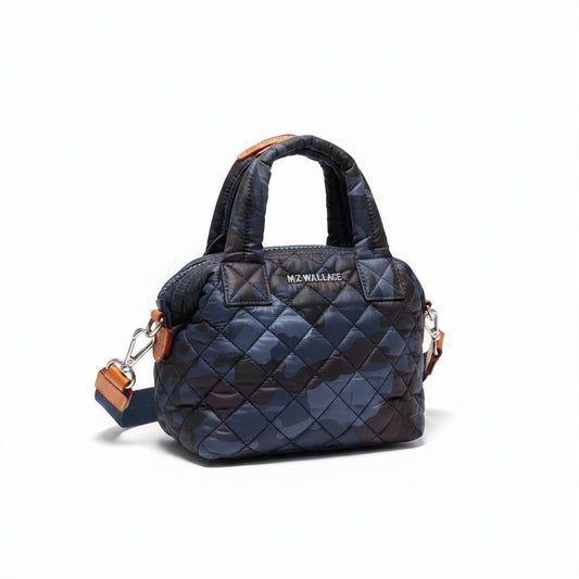 Lynn's Closet Boutique MZ Wallace mini metro tote in blue camouflage quilted nylon with leather trim and silver hardware.