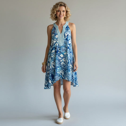Lynn's Closet Boutique Lilly Pulitzer blue elephant print sleeveless midi dress with notched neckline and embroidered trim, size M.