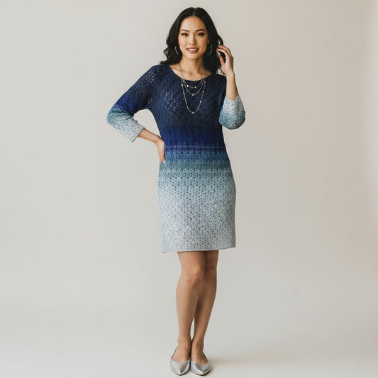 Lynn's Closet Boutique blue ombre knit dress with long sleeves and open-knit pattern, size 44.