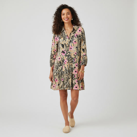 Lynn's Closet Boutique Lilly Pulitzer Delany dress in size XS, featuring a vibrant zebra and pink floral print, collared neckline, and tiered hem.