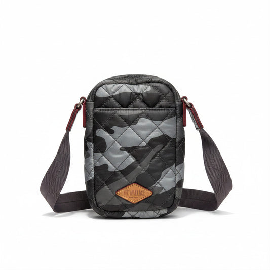 Lynn's Closet Boutique gray camo quilted crossbody bag with adjustable strap and MZ Wallace logo patch.