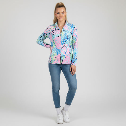 Lynn's Closet Boutique Lilly Pulitzer Luxletic jacket in a coral print with pink, blue, and green hues. Features a zip-up front and long sleeves.