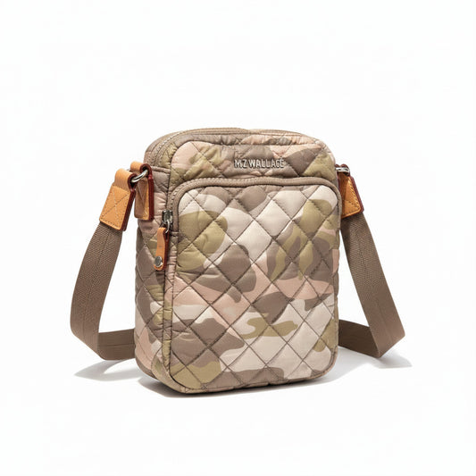 Lynn's Closet Boutique MZ Wallace Metro Scout crossbody bag in a camouflage print with quilted stitching and leather trim.