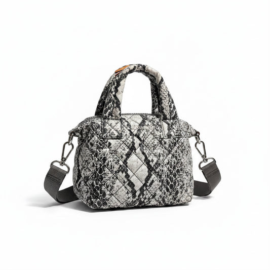 Lynn's Closet Boutique MZ Wallace mini tote bag in black and white snake print quilted nylon with top handles and crossbody strap.