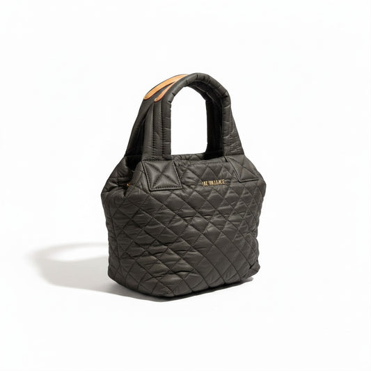 Lynn's Closet Boutique MZ Wallace petite metro tote deluxe star in dark grey quilted nylon with tan leather accents.