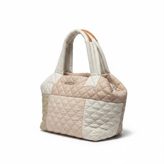 Lynn's Closet Boutique MZ Wallace quilted color block Sutton bag in neutral tones with leather handles.