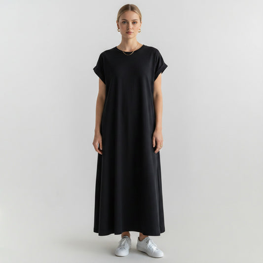 Lynn's Closet Boutique navy blue La Ligne maxi t-shirt dress with cuffed short sleeves, size M.