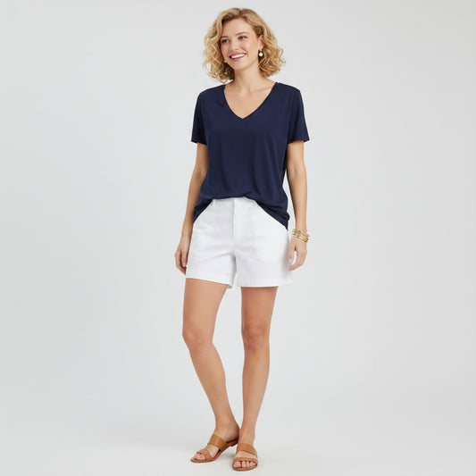 Lynn's Closet Boutique navy blue V-neck t-shirt, size L, with short sleeves and a subtle embroidered logo on the hem.