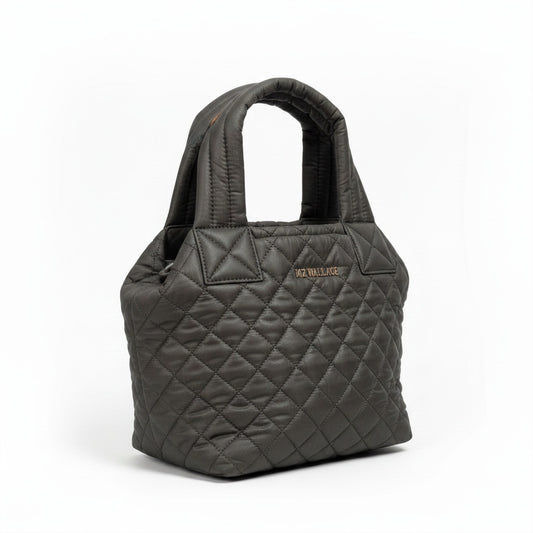 Lynn's Closet Boutique MZ Wallace olive green Sutton mini tote bag with quilted nylon and gold hardware.