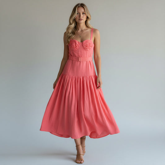 Lynn's Closet Boutique pink linen blend midi dress with sweetheart neckline, ruched bust, belted waist, and tiered skirt. Size 12.