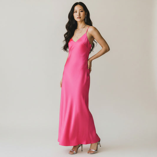 Lynn's Closet Boutique L'agence Jodie hot pink satin slip dress with V-neck and spaghetti straps, size S.