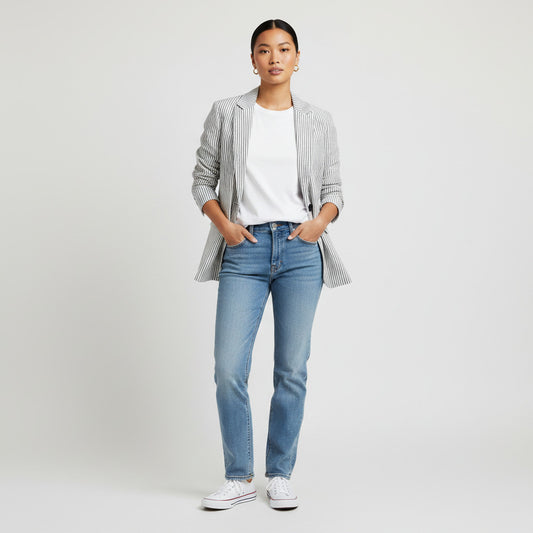 Lynn's Closet Boutique: Rag & Bone navy and white pinstripe single-button blazer, size 4. Features notched lapels and flap pockets.
