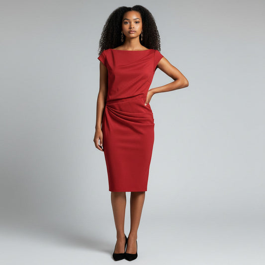 Lynn's Closet Boutique red satin cocktail dress with cap sleeves and draped ruching on the side, size 10.