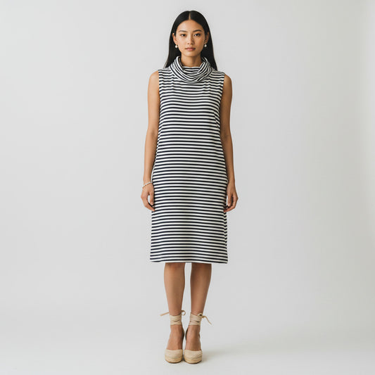 Lynn's Closet Boutique navy and white striped sleeveless turtleneck dress, size S. Soft knit fabric.