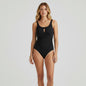 Miraclesuit black one-piece swimsuit with a plunging neckline and ruched detailing. Size 14.