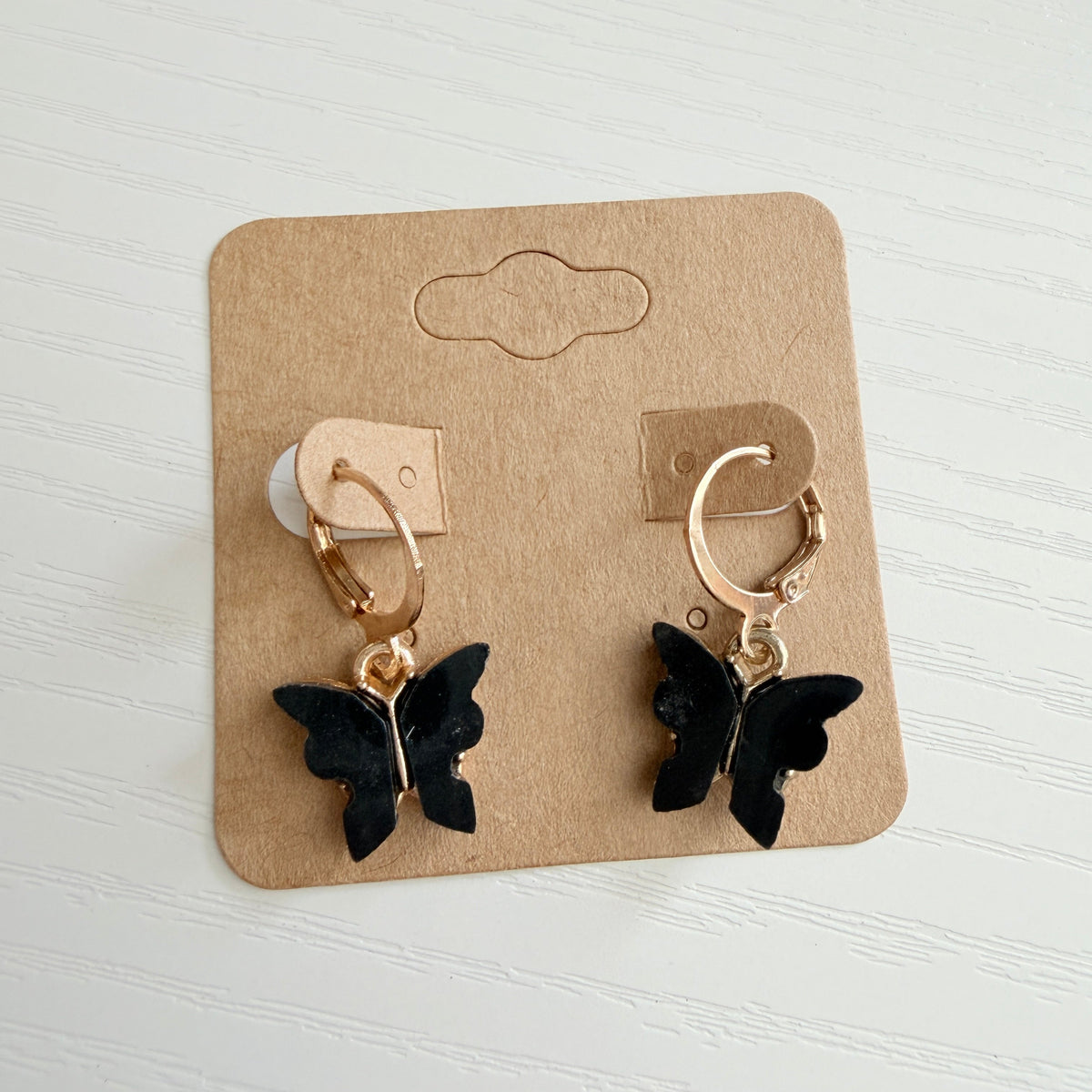 Gold black butterfly drop earrings