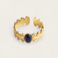 18K Gold Plated Stainless Steel Leaf Pattern Black Stone Adjustable Ring